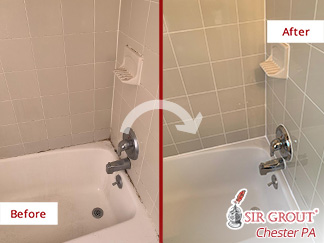 Before and after Picture of a Caulking Job in Exton, PA