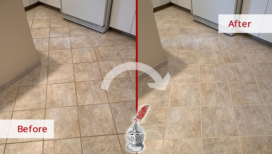 Before and after Picture of a Kitchen Floor after a Tile and Grout Cleaning Job in Gladwyne, PA