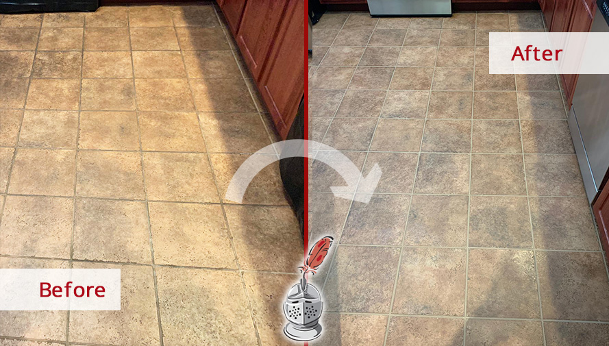 Before and After Picture of This Kitchen Floor After a Tile and Grout Cleaning Job in Conshohocken, PA