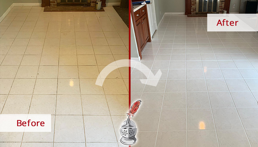 Before and After Picture of This Floor After a Tile and Grout Cleaning Job in Downingtown, PA