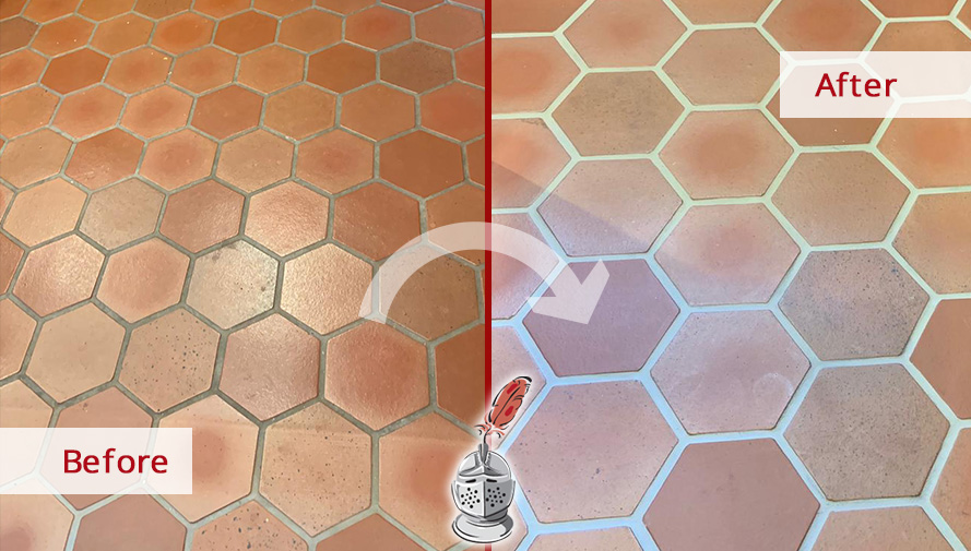 Before and After Picture of This Kitchen Floor Grout Sealing Process