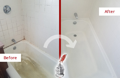 Before and After Picture of a Bathtub with Joints Caulked to Remove Mold