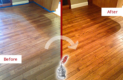 Before and After Picture of a Chatham Wood Sand Free Refinishing Service on a Dull Floor to Recover Its Sheen