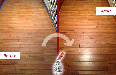 Sir Grout Refinished This Dull Oaks Hallway Floor with a Sand Free Refinishing Service Before and After Picture of a Oaks Wood Sand Free Refinishing Service on a Dull Hallway
