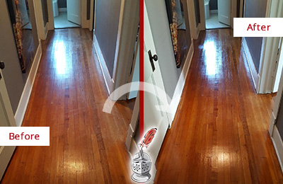 Before and After Picture of a Mont Clare Wood Sand Free Refinishing Service on a Floor to Eliminate Scratches