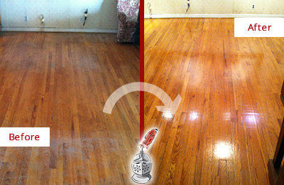 Before and After Picture of a Edgemont Wood Sand Free Refinishing Service on a Stained Floor
