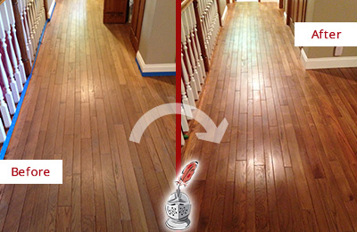Before and After Picture of a Mont Clare Wood Sand Free Refinishing Service on a Worn Out Floor