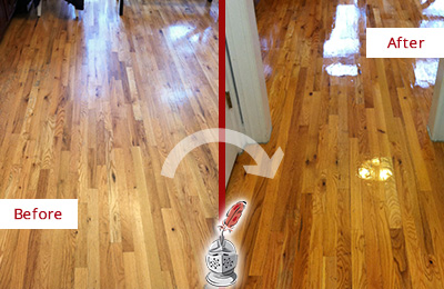 Before and After Picture of a Lyndell Wood Sand Free Refinishing Service on a Worn Out Hallway