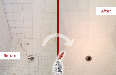 Before and After Picture of Bathroom Caulking on a Shower