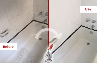 Before and After Picture of a Tub Caulking on the Tub Joints