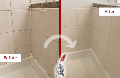 Before and After Picture of Grout Recaulking on the Shower Joints