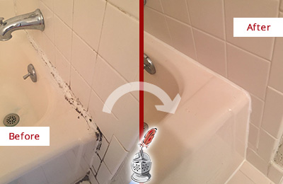 Picture of a White Sink with Damaged Caulking Before and After a Tile Caulking Service