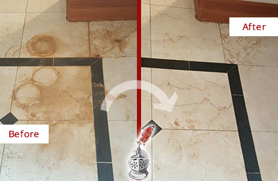 Picture of a Travertine Stone Floor Before and After Honing to Remove Rust Stains