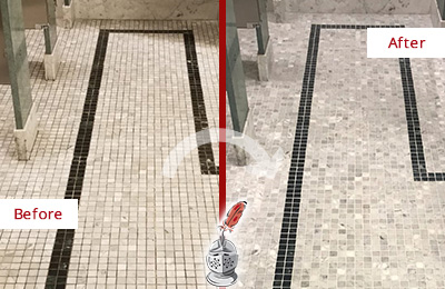 Sir Grout of Greater Chester County Stone Cleaning Services Can Help Repair the Look of this Grimy Hospital's Restroom Before and After Picture of a Hospital Travertine Bathroom Floor Stone Cleaning Service
