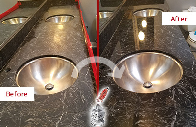 Sir Grout of Greater Chester County Stone Services Are Ideal for Enhancing Restrooms Marble Countertops and Keep Them Perfect All Year Round Picture of an Office Restroom's Marble Countertop Before and After Color Enhancement and Restoration