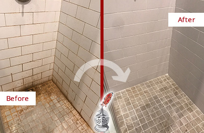 Before and After Picture of a Mont Clare Shower Tile and Grout Cleaned to Eliminate Mold and Stains