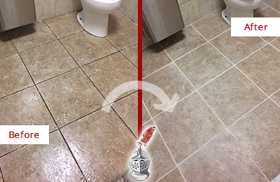 Sir Grout Cleans this Southeastern Restroom Tile and Grout to Remove Soil Before and After Picture of a Southeastern Restroom Tile and Grout Cleaned to Remove Soil