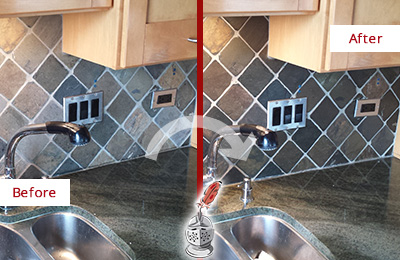 Sir Grout Caulks this Wallingford Backsplash Caulked to Fix and Prevent Water Leaks Before and After Picture of a Wallingford Backsplash Caulked to Fix and Prevent Water Leaks