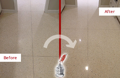 Sir Grout Polishes this Chatham Granite Stone Floor to Repair Dullness Before and After Picture of a Chatham Granite Stone Floor Polished to Repair Dullness