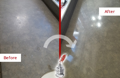 Before and After Picture of a Dull Chadds Ford Limestone Countertop Polished to Recover Its Color