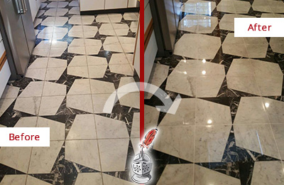 Sir Grout Polishes this Dull Chatham Marble Stone Floor To Recover Its Luster Before and After Picture of a Dull Chatham Marble Stone Floor Polished To Recover Its Luster