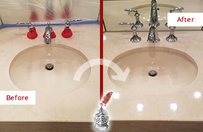 Sir Grout Polishes this Dull Chatham Marble Stone Vanity Top to Bring-Back Its Sheen Before and After Picture of a Dull Chatham Marble Stone Vanity Top Polished to Bring-Back Its Sheen