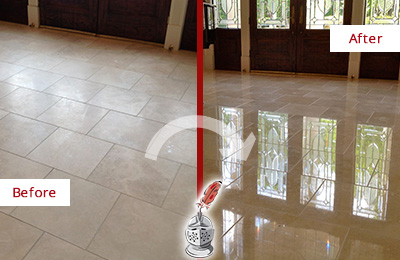 Sir Grout Polishes this Dull Chatham Travertine Stone Floor to Recover Its Gloss Before and After Picture of a Dull Chatham Travertine Stone Floor Polished to Recover Its Gloss