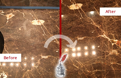 Before and After Picture of a Modena Marble Stone Countertop Polished to Eliminate Stains