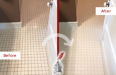 Before and After Picture of a Villanova Bathroom Floor Sealed to Protect Against Liquids and Foot Traffic