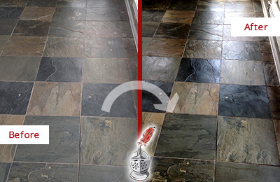 Sir Grout Seals this Dull Kelton Slate Floor to Bring Back Its Colors Before and After Picture of a Dull Kelton Slate Floor Sealed to Bring Back Its Colors
