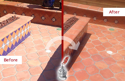Sir Grout Seals this Dull Kelton Terracotta Patio Floor For UV Protection Before and After Picture of a Dull Kelton Terracotta Patio Floor Sealed For UV Protection