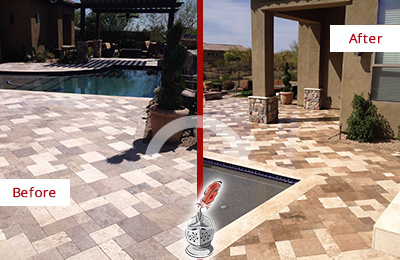Sir Grout Seals this Faded Kelton Travertine Pool Deck For Extra Protection Before and After Picture of a Faded Kelton Travertine Pool Deck Sealed For Extra Protection