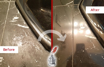 Before and After Picture of a Coatesville Marble Countertop Cleaned to Remove Deep Dirt