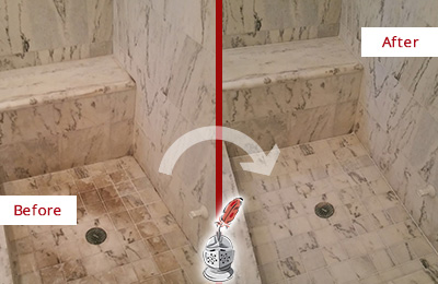 Sir Grout Cleans this Dirty Gladwyne Marble Shower to Eliminate Dark Stains Before and After Picture of a Dirty Gladwyne Marble Shower Cleaned to Eliminate Dark Stains