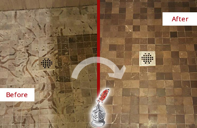 Sir Grout Cleans this Stained Gladwyne Shower Marble Floor to Remove Etch Marks Before and After Picture of a Stained Gladwyne Marble Shower Floor Cleaned to Remove Etching