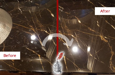 Sir Grout Cleans this Gladwyne Marble Countertop to Remove Water Spots Before and After Picture of a Gladwyne Marble Countertop Cleaned to Remove Water Spots