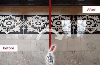Sir Grout Seals the Stone of this Devault Marble Floor to Recover Its Sheen Before and After Picture of a Devault Marble Stone Sealed to Recover Its Sheen