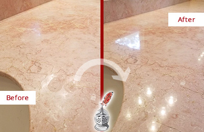 Sir Grout Seals this Devault Marble Stone Vanity Top to to Avoid Water Marks Before and After Picture of a Devault Marble Stone Vanity Top Sealed to Avoid Water Marks