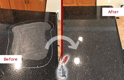 Sir Grout Hones this Suplee Granite Kitchen Countertop to Eliminate Scratch Before and After Picture of a Suplee Granite Kitchen Countertop Honed to Eliminate Scratch