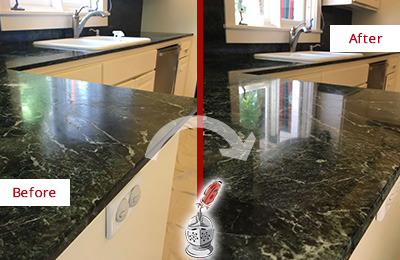 Sir Grout Hones this Suplee Marble Kitchen Countertop to Remove Water Marks Before and After Picture of a Suplee Marble Kitchen Countertop Honed to Remove Water Marks