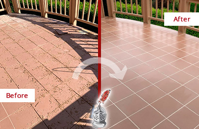 Before and After Picture of a Lionville Hard Surface Restoration Service on a Tiled Deck