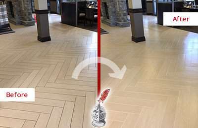 Sir Grout Restored This Audubon Office Lobby Tile Floor to Remove Embedded Dirt Before and After Picture of a Audubon Hard Surface Restoration Service on an Office Lobby Tile Floor to Remove Embedded Dirt