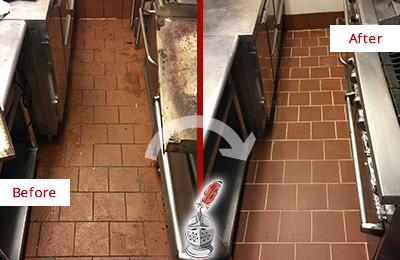 Before and After Picture of a Suplee Hard Surface Restoration Service on a Restaurant Kitchen Floor to Eliminate Soil and Grease Build-Up