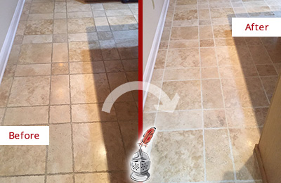 Sir Grout Cleans this Glen Riddle Lima Kitchen Floor's Grout to Recover Its Color Before and After Picture of Glen Riddle Lima Kitchen Floor Grout Cleaned to Recover Its Color