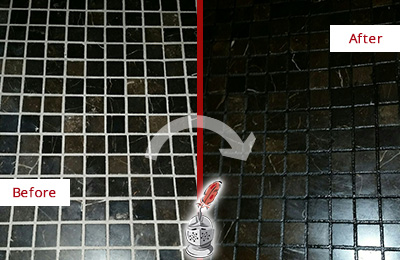 Sir Grout Recolored the Grout of this Radnor Black Tile Floor Before and After Picture of a Radnor Black Floor with Recolored Grout