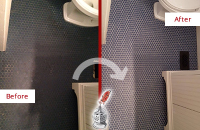 Sir Grout Recolors the Grout on this Radnor Blue Tile Floor Before and After Picture of a Radnor Blue Tile Floor Recolored Grout