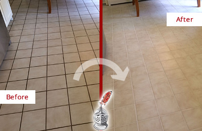 Sir Grout Recolors this Radnor Kitchen Tile Floor's Grout Before and After Picture of a Radnor Kitchen Tile Floor with Recolored Grout