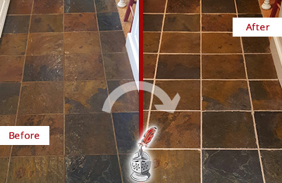 Sir Grout Recolors the Grout of this Radnor Slate Floor Before and After Picture of a Radnor Slate Floor Recolored Grout