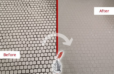 Sir Grout Recolors the Grout of this Radnor White Mosaic Tile Before and After Picture of a Radnor White Mosaic Tile Recolored Grout