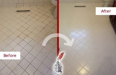 Before and After Picture of a Oxford White Bathroom Floor Grout Sealed for Extra Protection